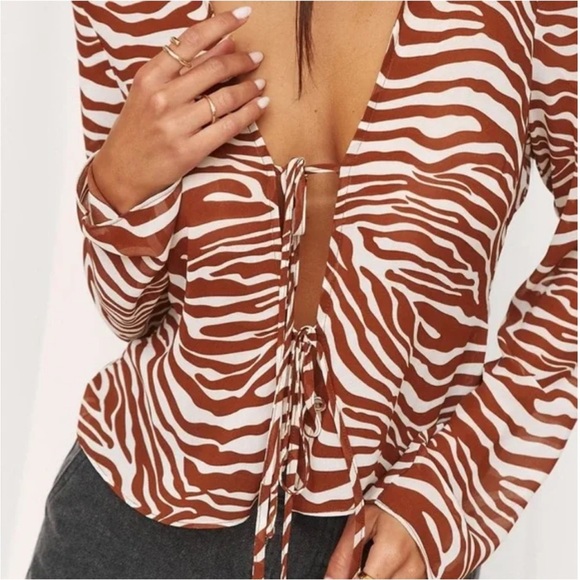 12th Tribe Zebra Sheer Front Tie Top - Picture 1 of 4